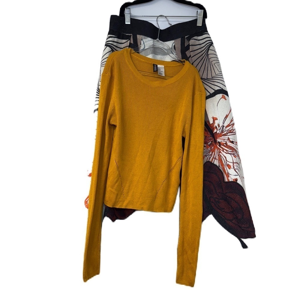 Mustard Long Sleeve Women's Top & Floral Skirt kawaii cropped ribbed